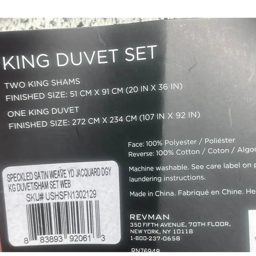 Vera Wang Silver Speckled Satin Jacquard 3 pc King Duvet Cover Set 107x92